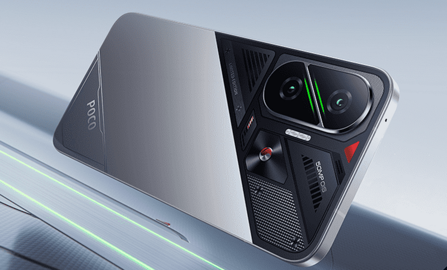 Poco F7 in silver colourway with back exposed horizontally