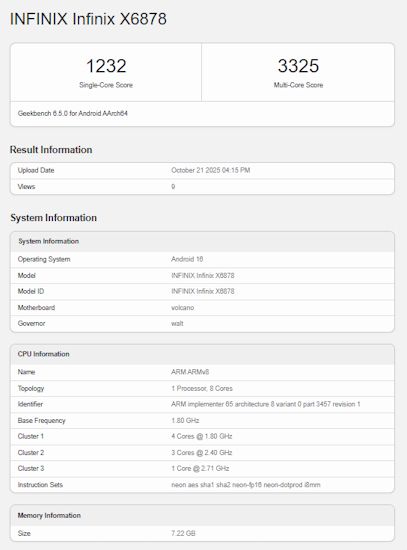 Screenshot of Infinix X6878 Geekbench listing