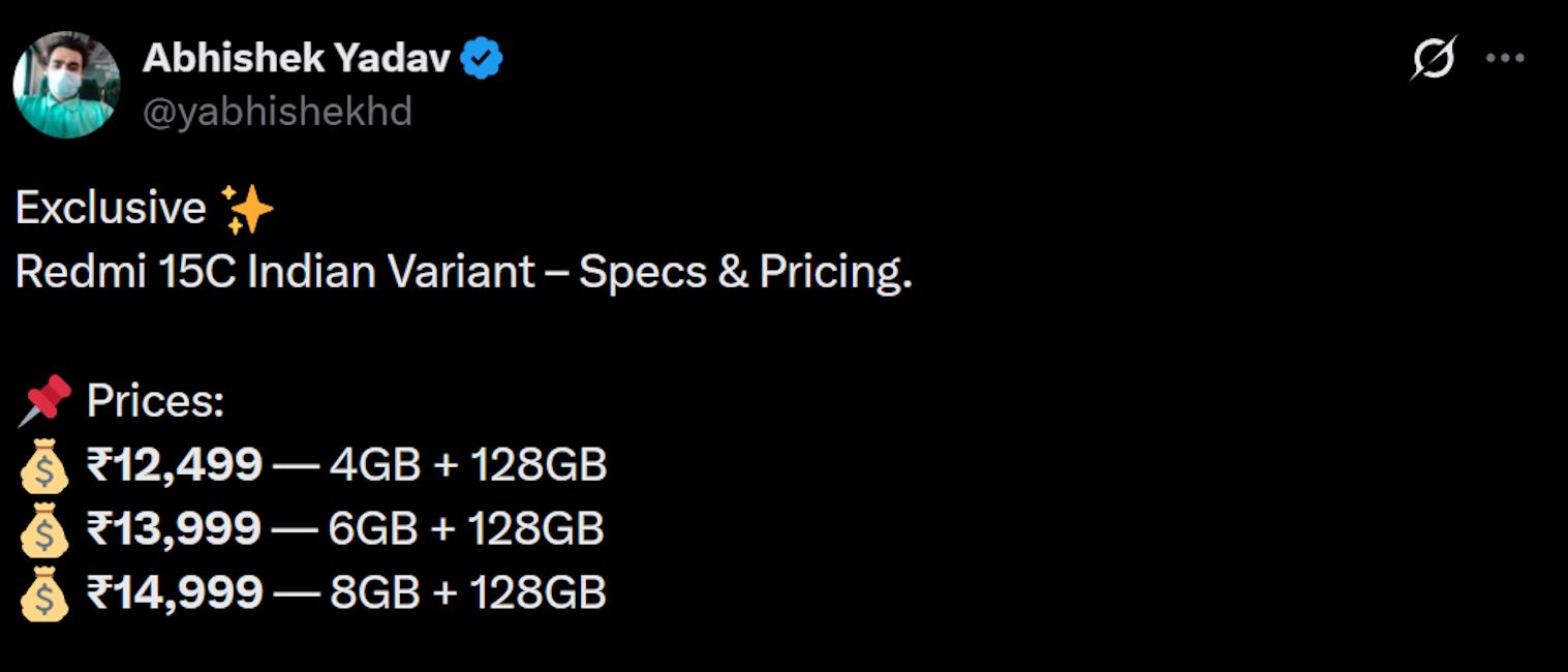 Redmi 15C details for India Redmi 15C details for India