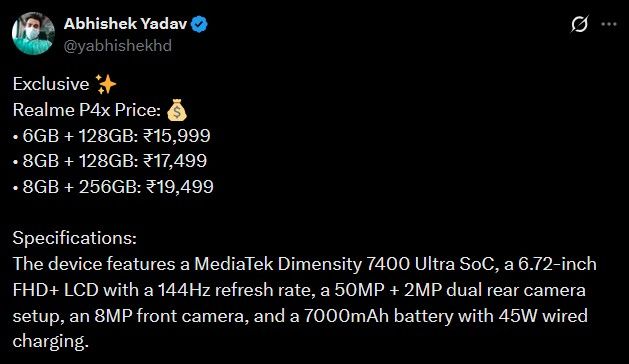 Realme P4x price information on X by Abhishek Yadav