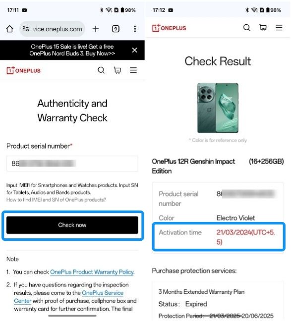 OnePlus warranty check website with IMEI and result