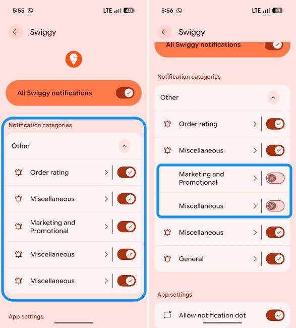 Swiggy notification channels with marketing and promotional channels highlighted Swiggy notification channels with marketing and promotional channels highlighted
