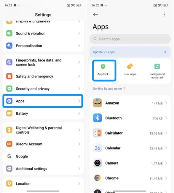 Xiaomi settings with Apps and App lock option Xiaomi settings with Apps and App lock option