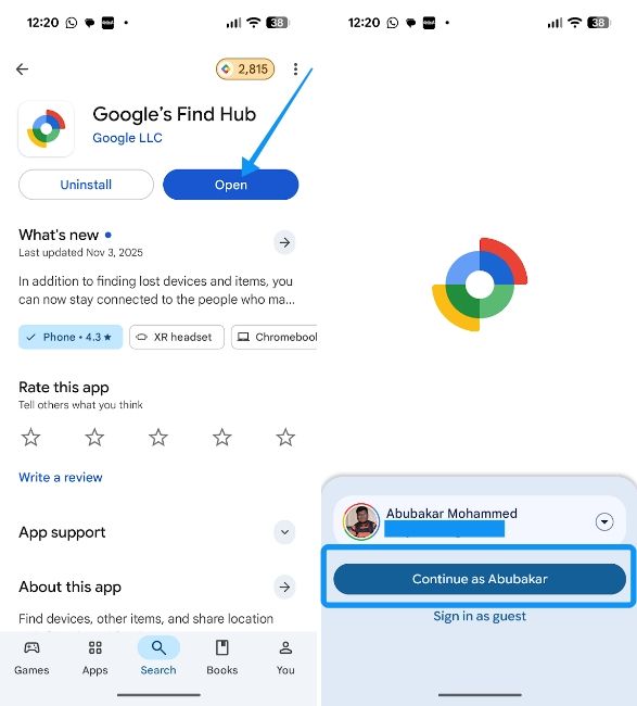 Find Hub on Play Store with account login