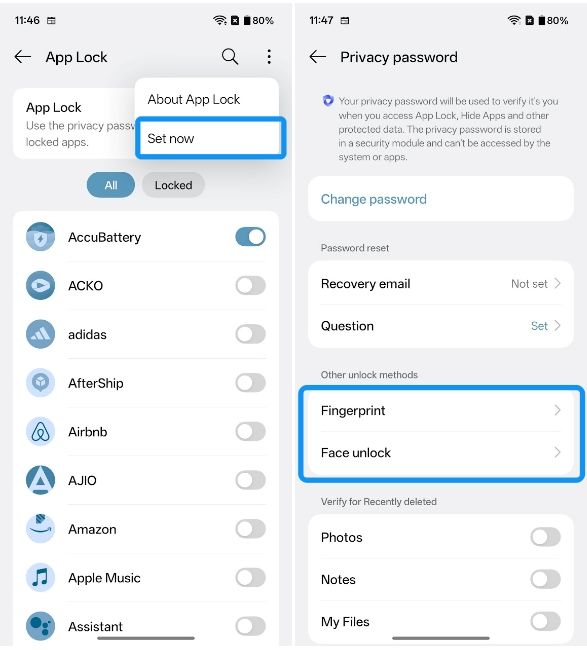 OnePlus App Lock settings other unlock methods OnePlus App Lock settings other unlock methods