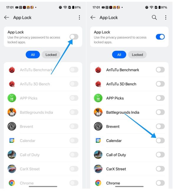 App Lock toggle enable App Lock toggle enable