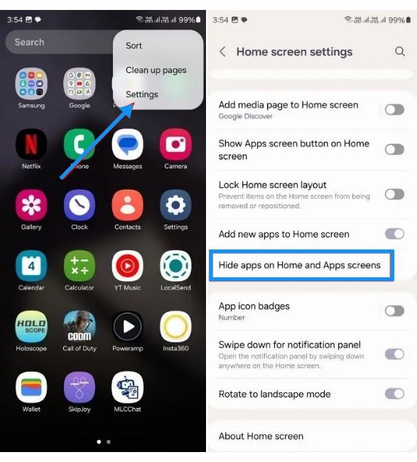 Hide apps on home and apps screens option in Samsung One UI launcher