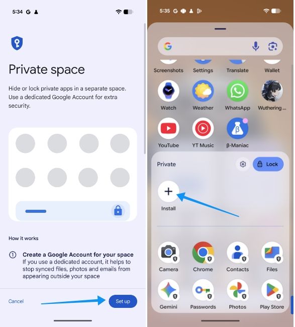 Private space install apps option Private space install apps option