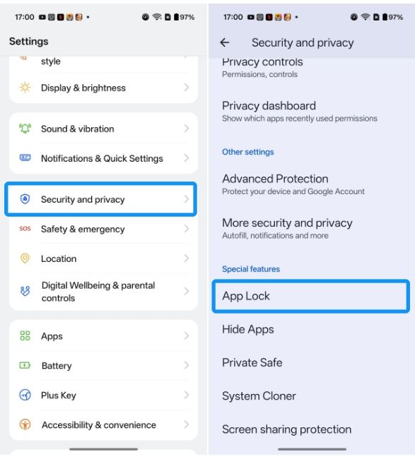 OnePlus Settings security and privacy App Lock option OnePlus Settings security and privacy App Lock option