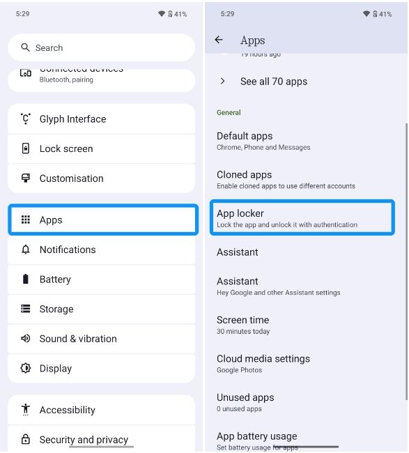 Nothing Settings with App Locker option Nothing Settings with App Locker option