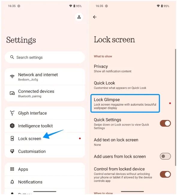 Nothing phone settings lock screen and lock glimpse Nothing phone settings lock screen and lock glimpse