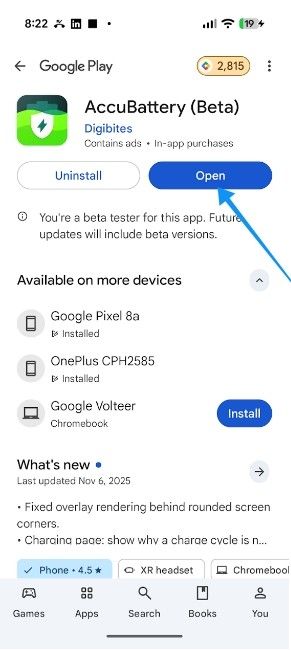 Accubattery Play Store page with open option