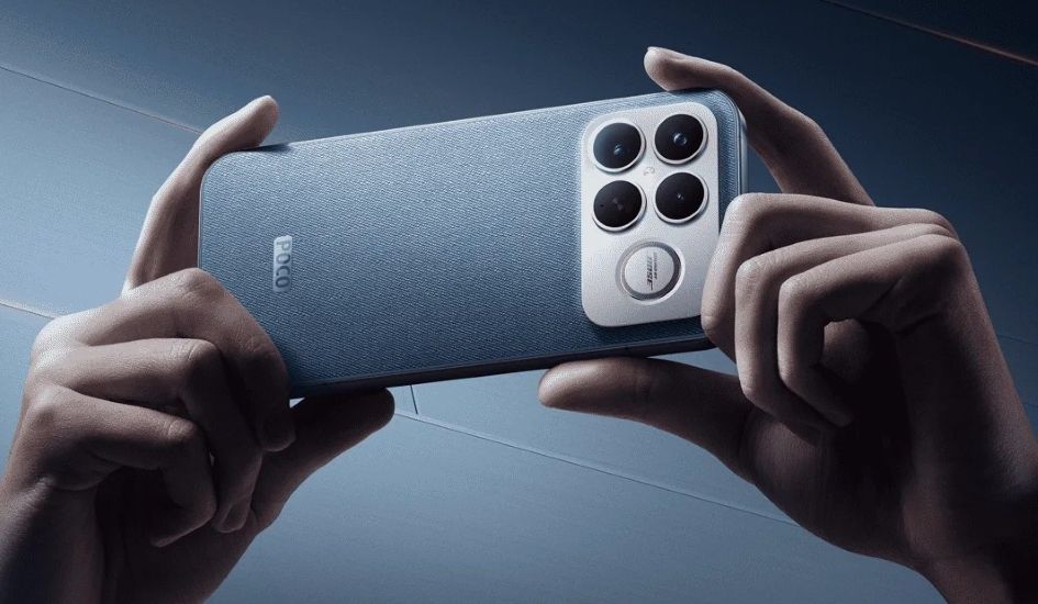 Poco F8 Ultra held horizontally in denim blue colourway Poco F8 Ultra held horizontally in denim blue colourway