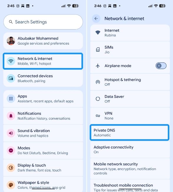 Android network settings with Private DNS option Android network settings with Private DNS option