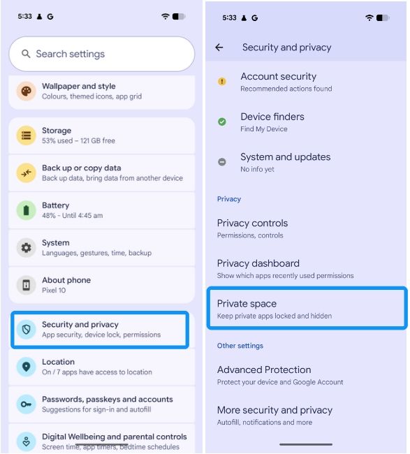 Private space in Google Pixel Private space in Google Pixel