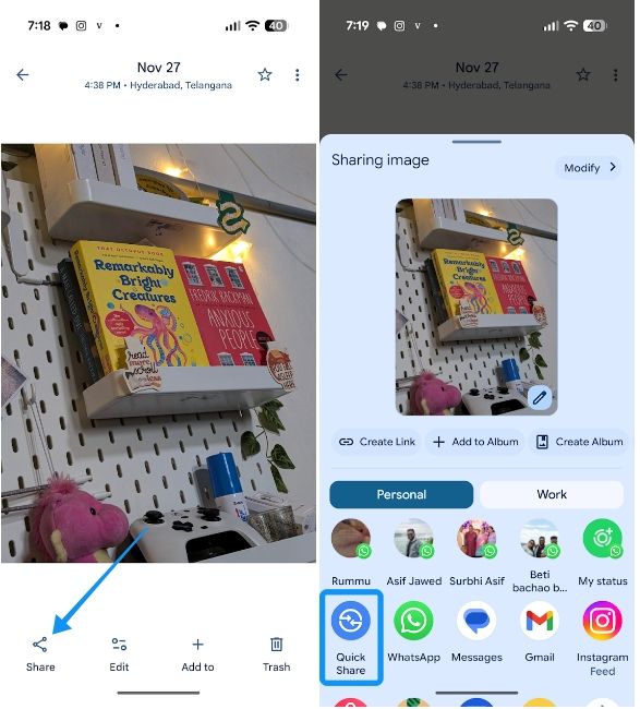 Android share icon with Quick Share option Android share icon with Quick Share option