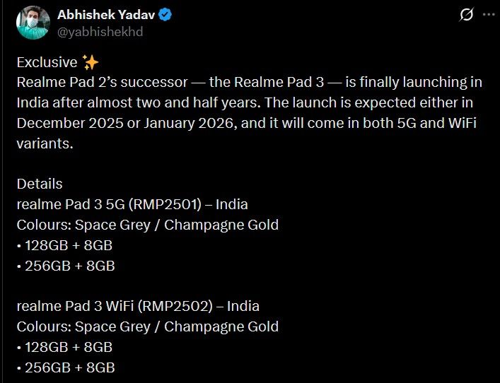 Realme Pad 3 leaked details on X Realme Pad 3 leaked details on X