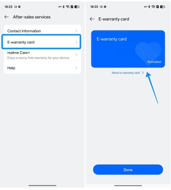Realme e-Warranty card in Settings Realme e-Warranty card in Settings