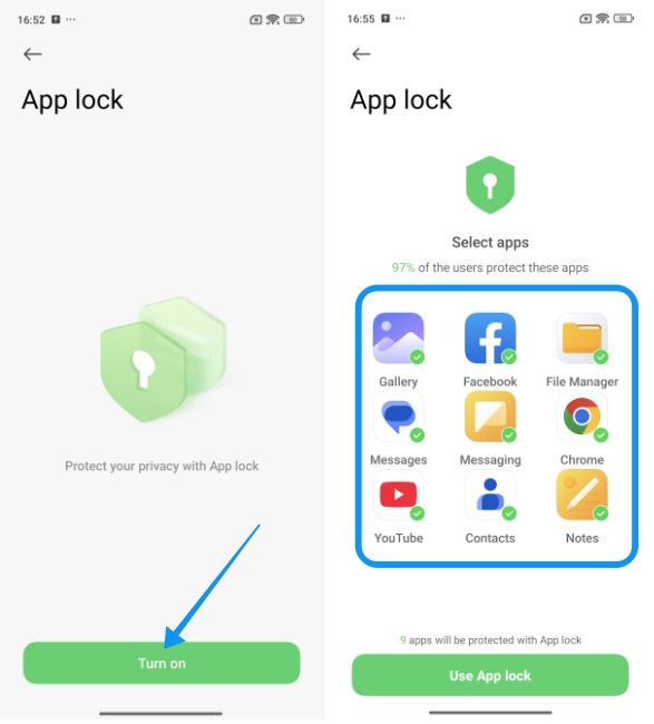 turn on app lock and select all the apps turn on app lock and select all the apps