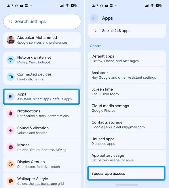 Android Settings with Special app access option Android Settings with Special app access option