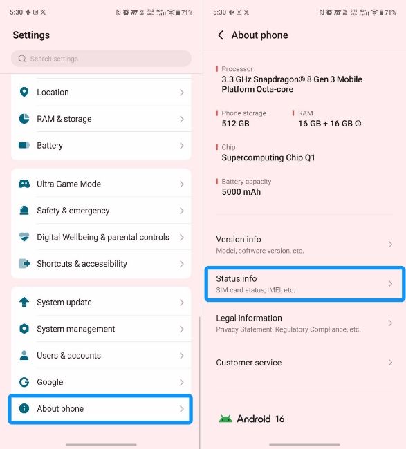 Vivo settings with about phone and status info Vivo settings with about phone and status info