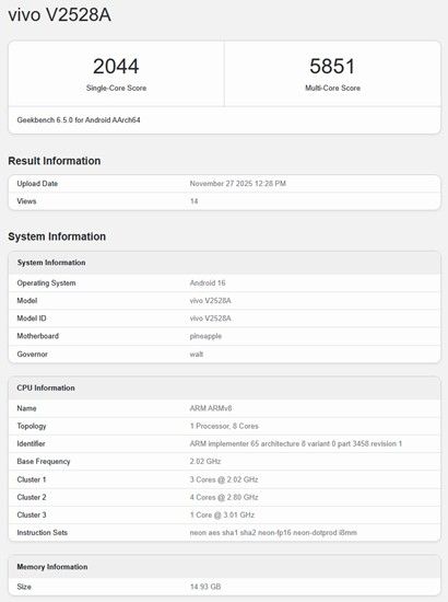 Vivo S50 Geekbench score Vivo S50 Geekbench score
