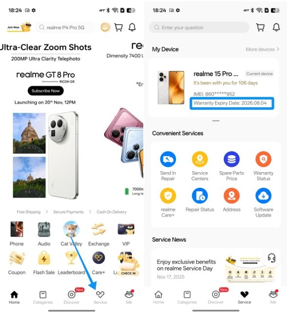 Realme Store app with Devices section and warranty expiration date Realme Store app with Devices section and warranty expiration date
