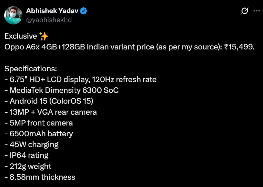 Oppo A6x 5G specifications and pricing leak