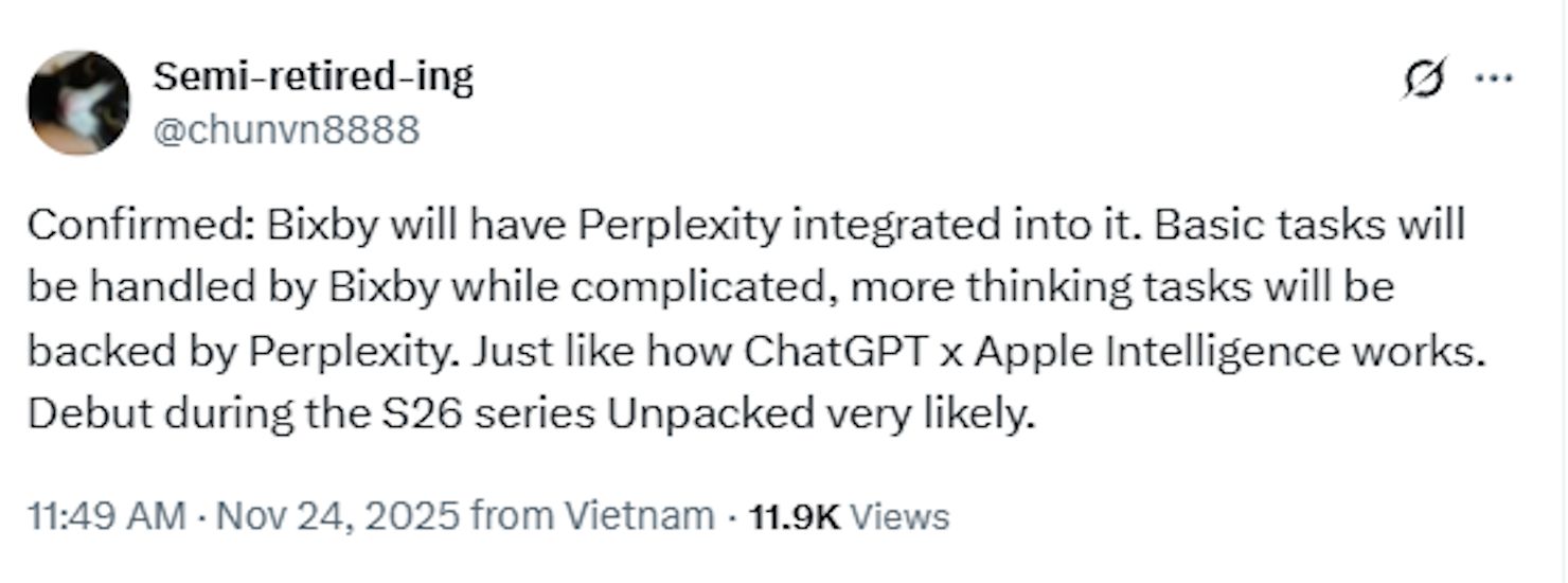 Screenshot of leak claiming Bixby Samsung Galaxy S26 Perplexity AI integration