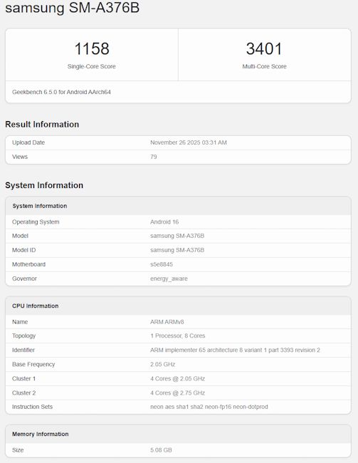 Samsung Galaxy A37 Geekbench listing