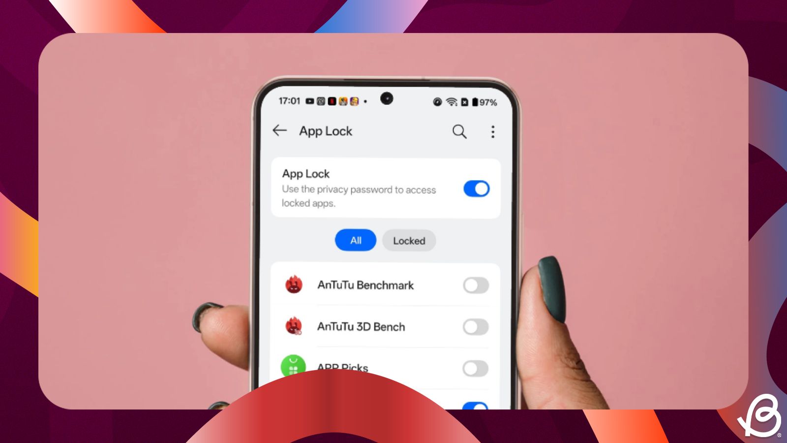 shot of a hand holding an Android phone showing the App lock option on the screen shot of a hand holding an Android phone showing the App lock option on the screen