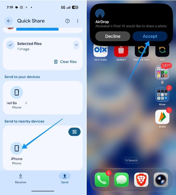 Tapping on iPhone in Quick Share and tapping accept on an iPhone Tapping on iPhone in Quick Share and tapping accept on an iPhone
