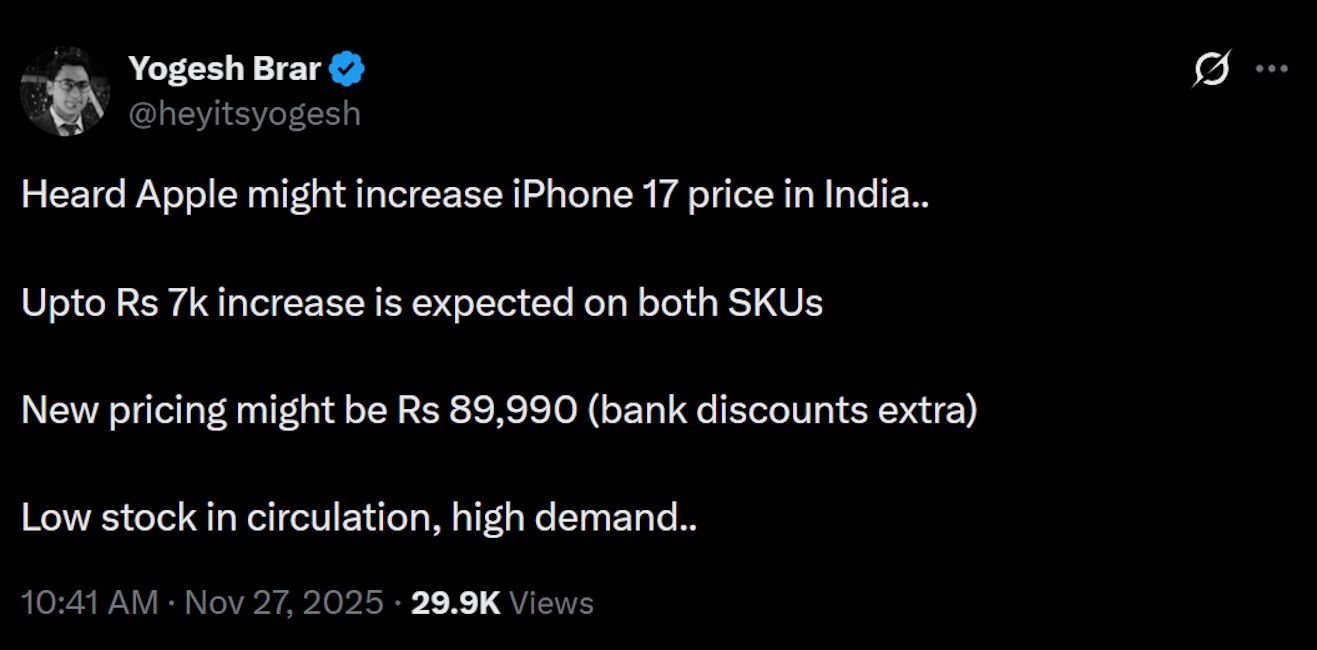 Apple iPhone 17 price hike for India Apple iPhone 17 price hike for India