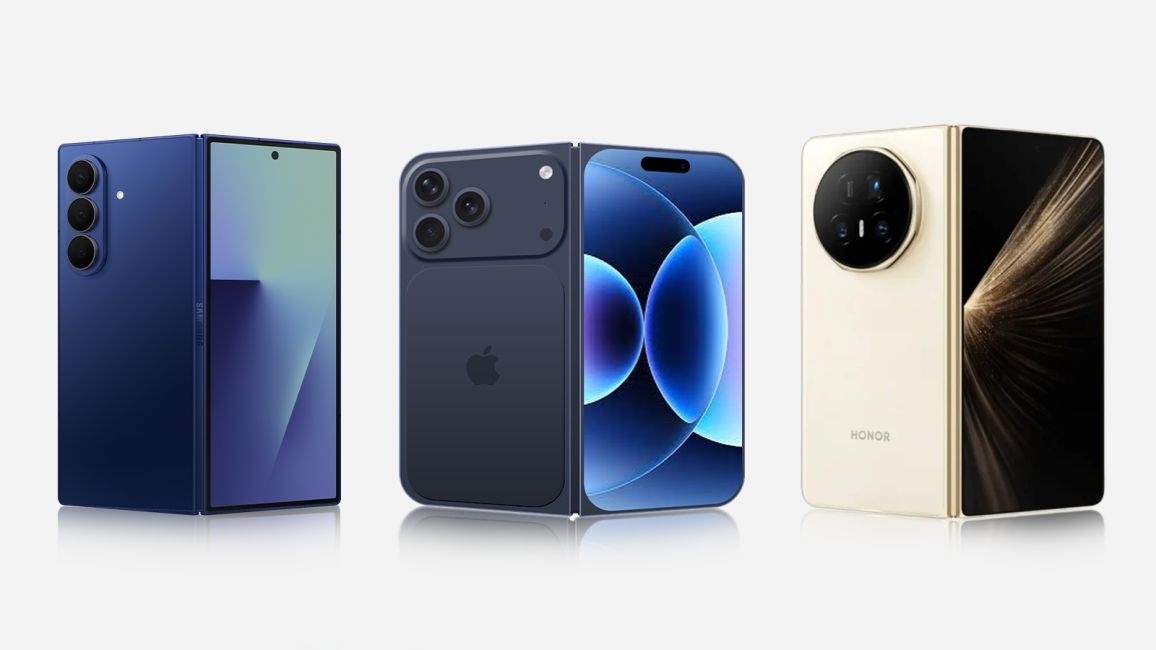 illustration of a iPhone Fold, Galaxy Z Fold and Honor Fold unfolded illustration of a iPhone Fold, Galaxy Z Fold and Honor Fold unfolded