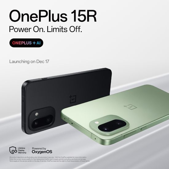OnePlus 15R black and green colourways back panel design showcased in official launch date banner
