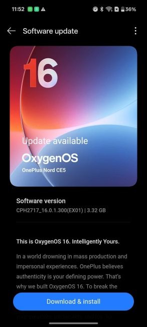 OnePlus screenshot showing the OxygenOS 16 update screen on Nord CE 5 OnePlus screenshot showing the OxygenOS 16 update screen on Nord CE 5