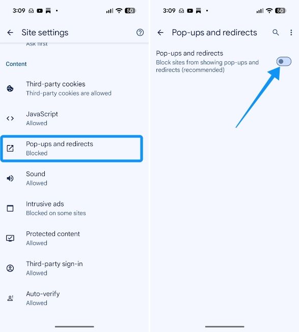 Chrome Pop up and redirects option with toggle Chrome Pop up and redirects option with toggle
