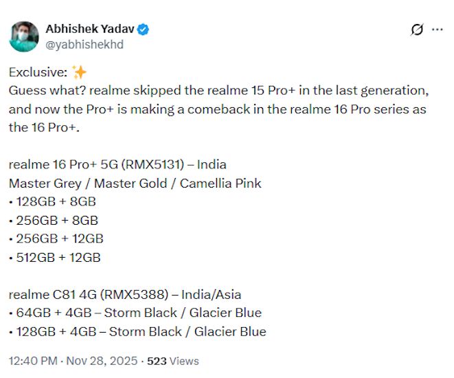 Screenshot of X post detailing the Realme 16 Pro+ storage and variants Screenshot of X post detailing the Realme 16 Pro+ storage and variants