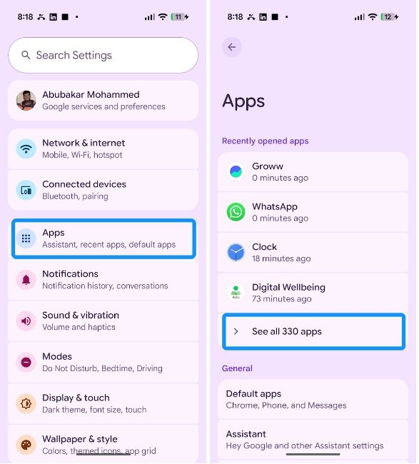 Android settings with all apps