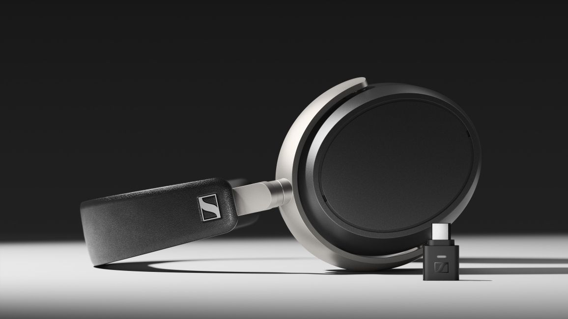 shot of the Sennheiser HDB 630 in the air with an angled light source and dark background shot of the Sennheiser HDB 630 in the air with an angled light source and dark background