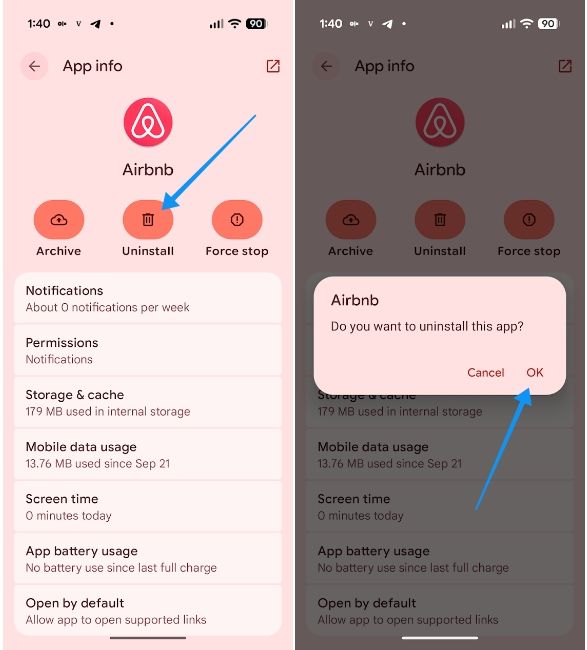 App page with uninstall option App page with uninstall option
