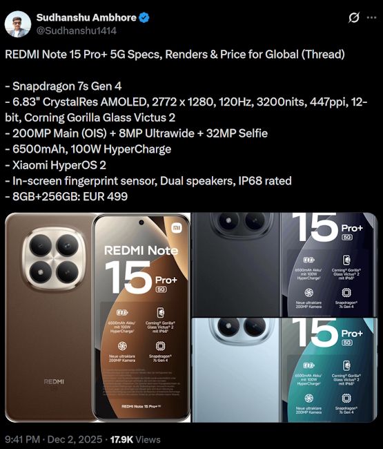 Redmi Note 15 Pro+ specs, price and design leak