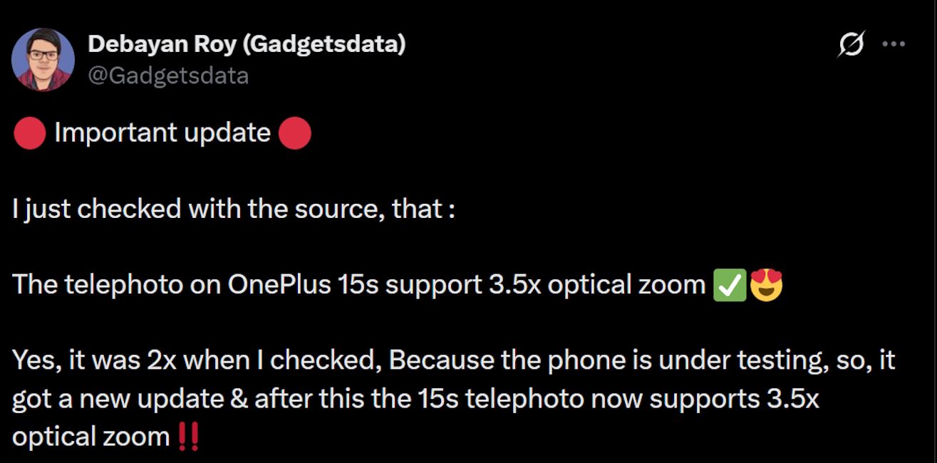 OnePlus 15s cameras leak