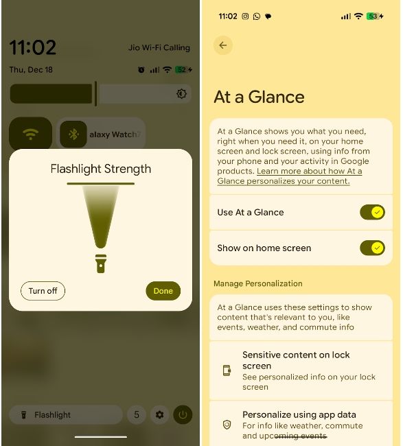 Android 16 QPR3 Beta 1 flashlight strength and at a glance screens