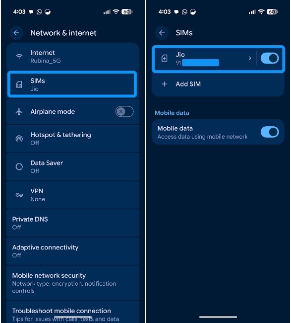 Android SIMs settings with Phone number