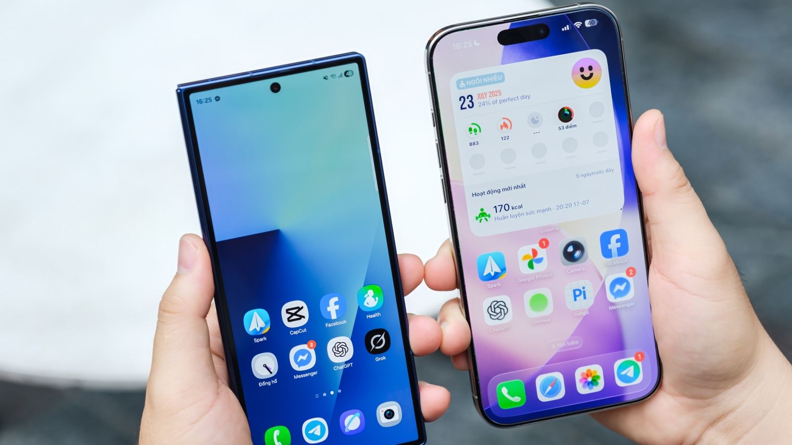 Android and iPhone in hands on home screens Android and iPhone in hands on home screens