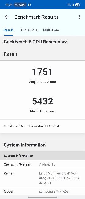 Exynos 2500 Geekbench score screenshot