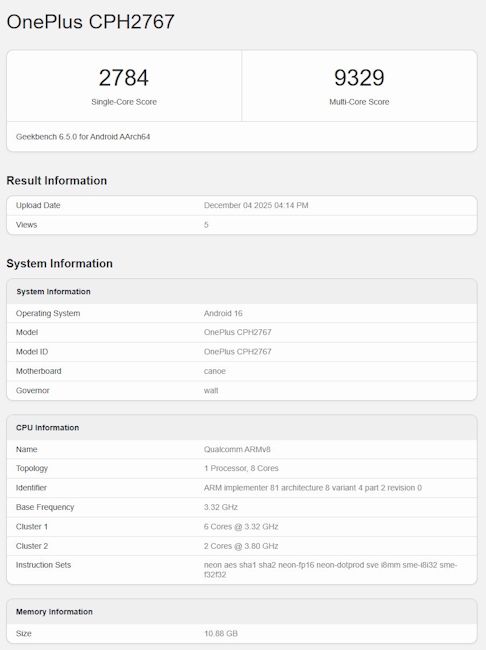 OnePlus 15R Geekbench listing