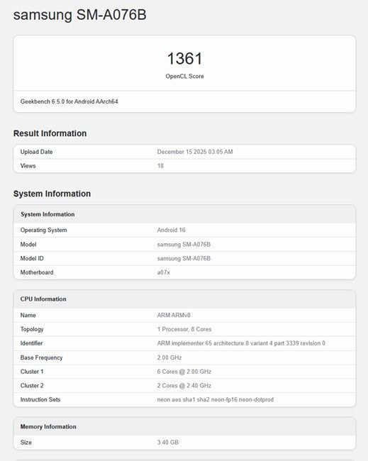 Samsung Galaxy A07 5G Geekbench OpenCL listing Samsung Galaxy A07 5G Geekbench OpenCL listing