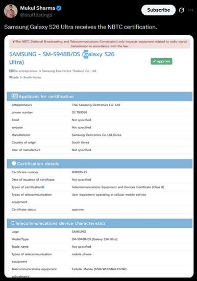 Samsung Galaxy S26 Ultra NBTC certification document